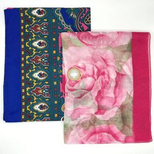 VTG Scarf & Stylish Clip Italy 3pcs Chiffon Rose & Royal Paisley Square 30x29”